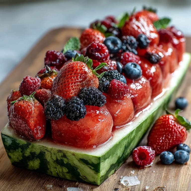 Beautifully carved watermelon boat filled with juicy berries and fresh mint, perfect for refreshing summer gatherings.