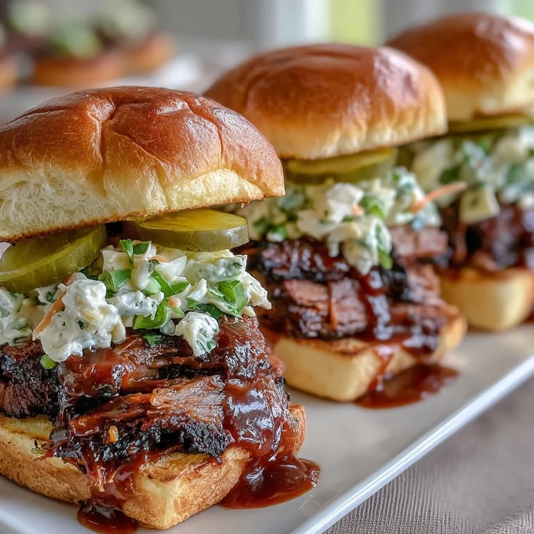 A close-up of several prepared BBQ brisket sliders topped with crunchy slaw and served on a platter.