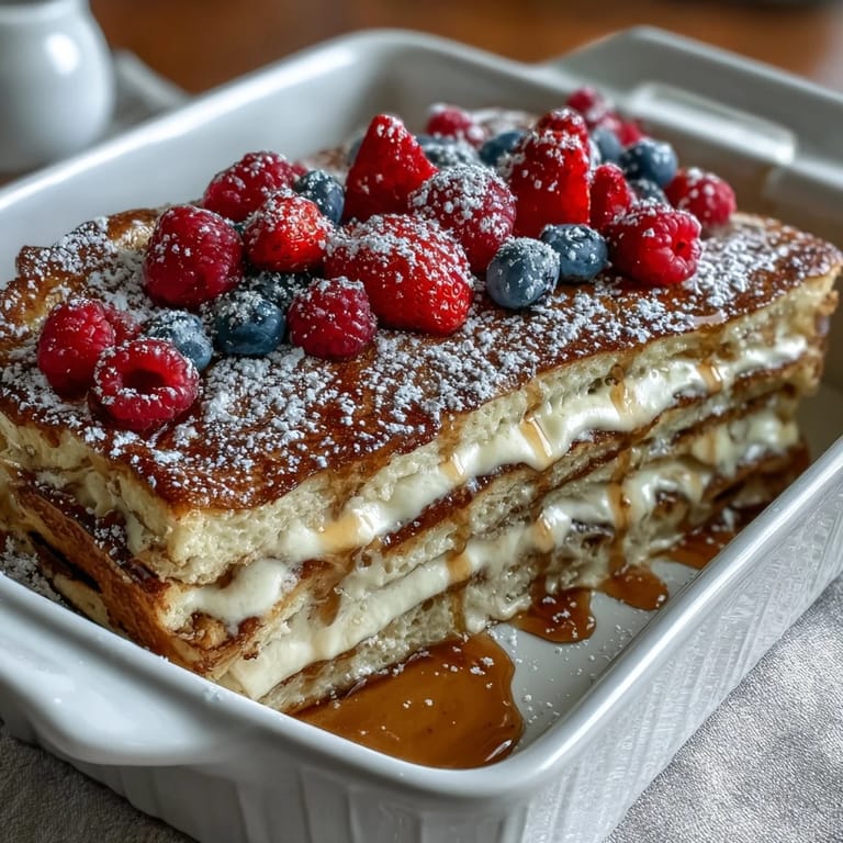 A delightful casserole of soft pancakes, fresh berries, and creamy custard, ideal for celebrating Mothers Day with a comforting meal.