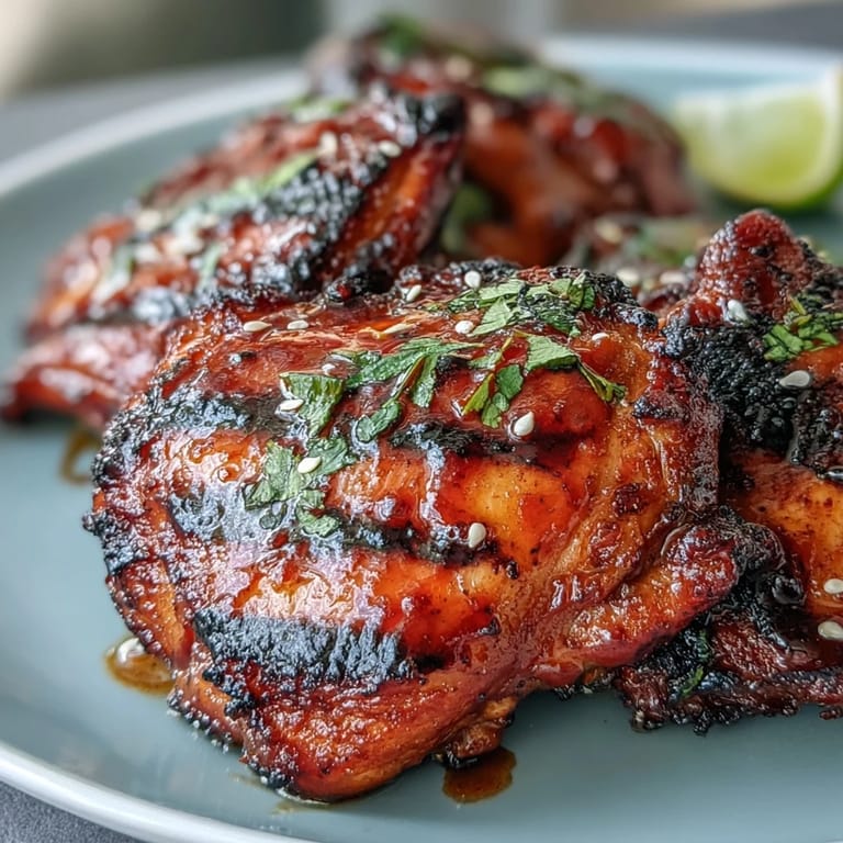 Juicy grilled chicken thighs coated in a sticky honey sriracha marinade, served with fresh cilantro and sesame seeds.  