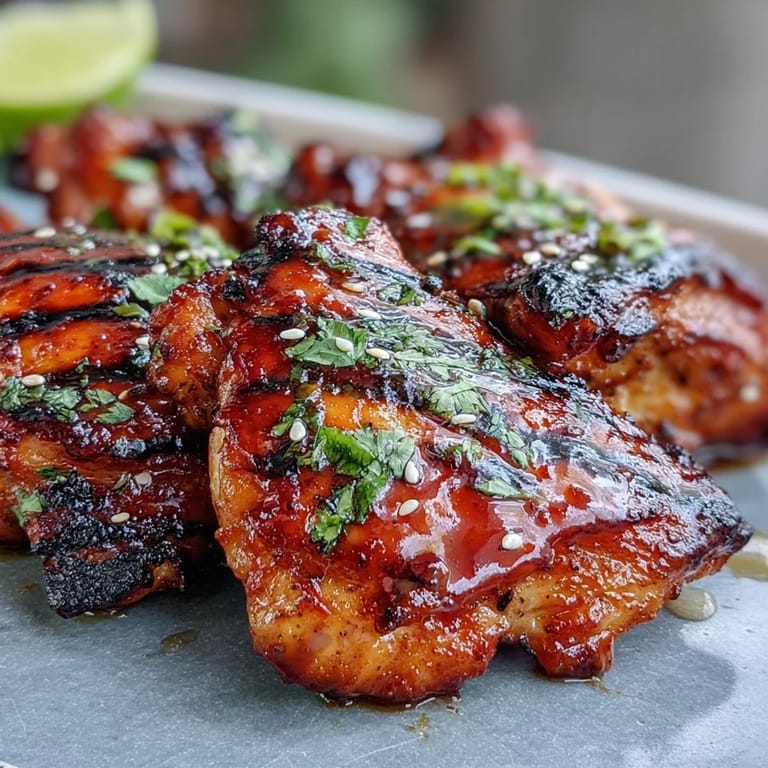 Sweet and spicy Honey Sriracha Grilled Chicken Thighs, basted to perfection and garnished with lime wedges for a bold flavor.