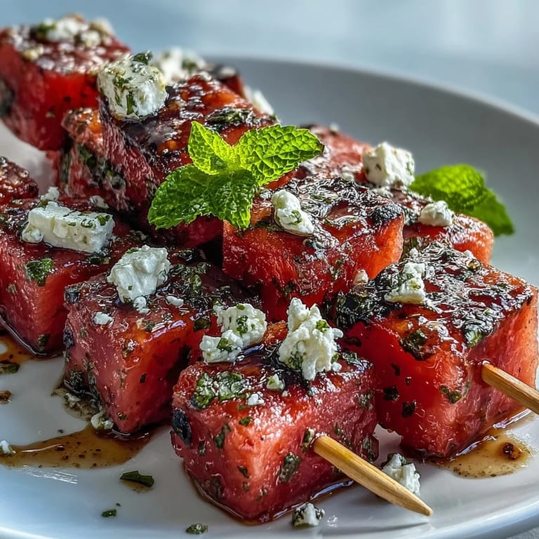 Colorful watermelon feta mint skewers arranged on a platter, perfect for summer parties and refreshing appetizers with balsamic glaze.