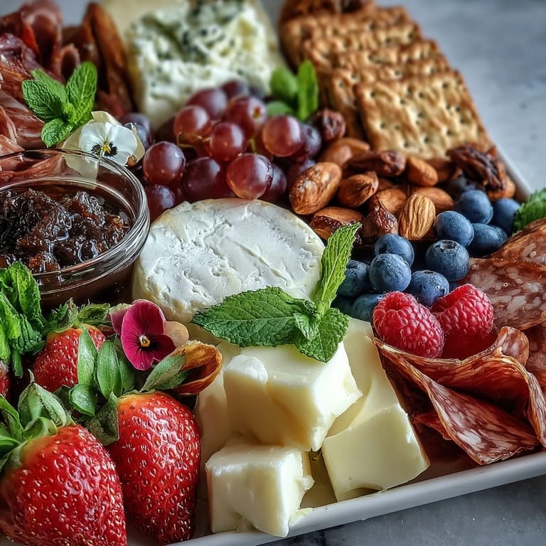 Elegant charcuterie spread featuring brie, prosciutto, berries, and colorful edible flowers on rustic board.