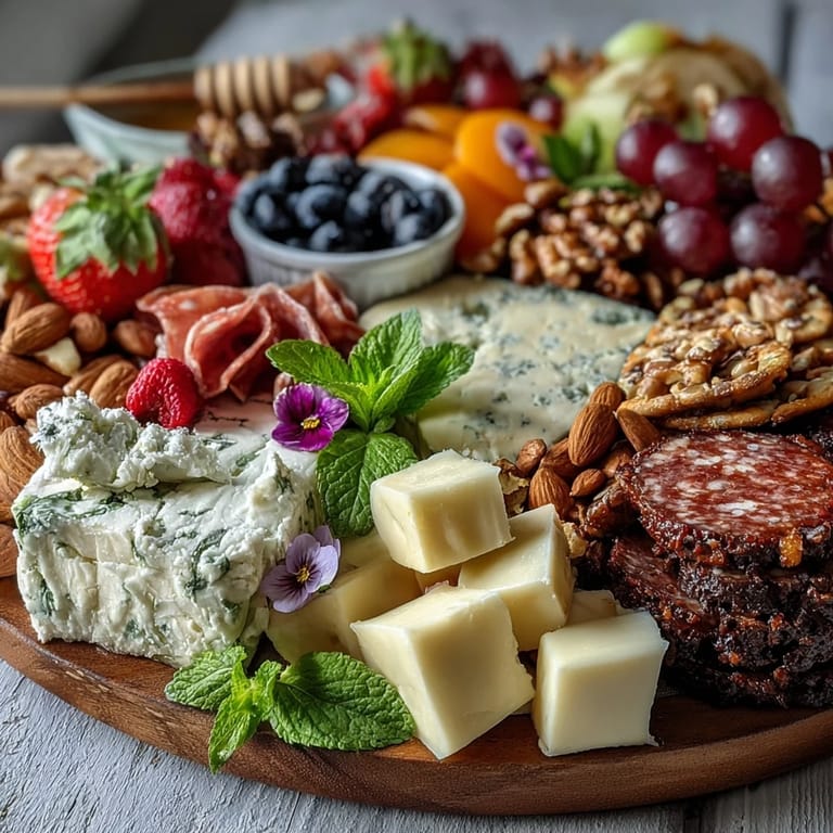 Seasonal charcuterie board with goat cheese, smoked turkey, honey, and fresh edible flowers centerpiece.