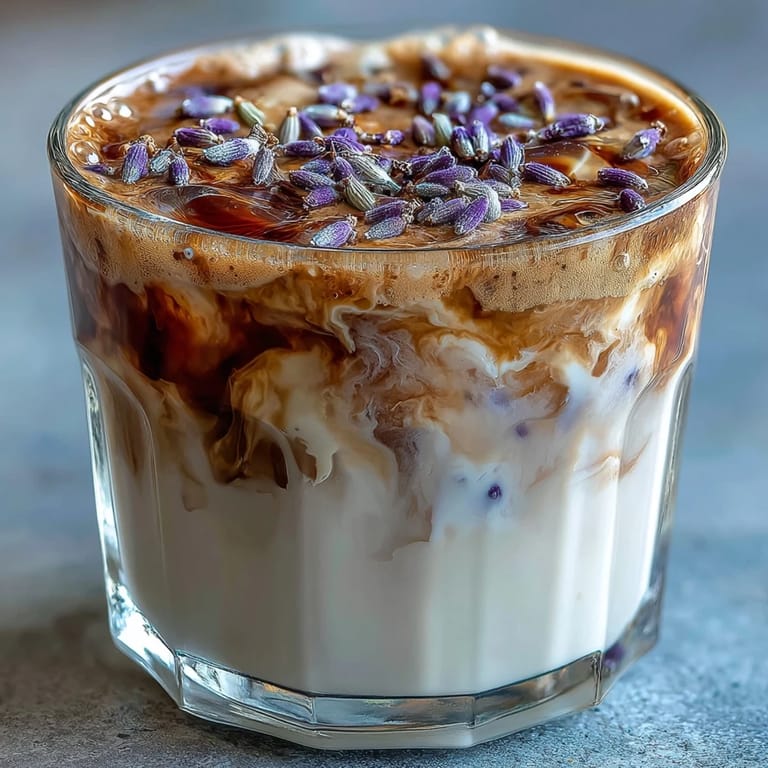An iced lavender oat milk latte with a delicate purple hue, served over ice for a refreshing dairy-free treat.
