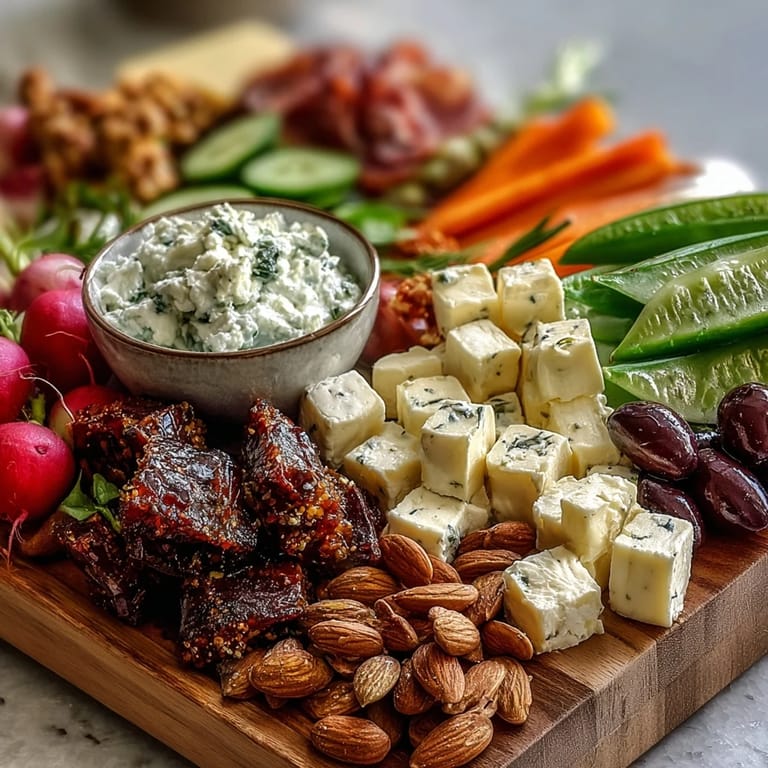 Fresh spring charcuterie board with radishes, sugar snap peas, and creamy herb dip, perfect for seasonal gatherings.