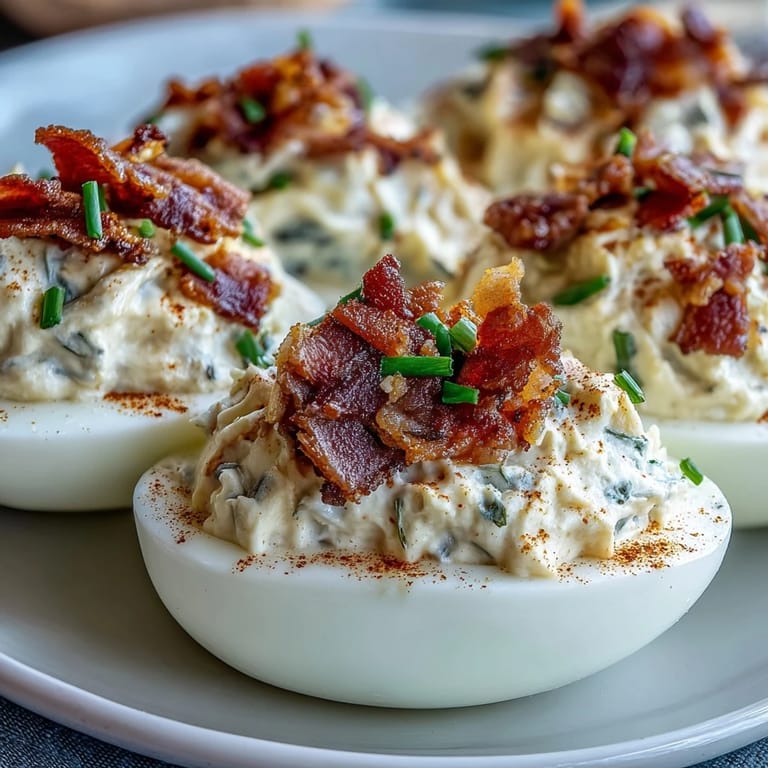 A platter of Bacon Ranch Deviled Eggs garnished with crumbled bacon and paprika, ideal for Easter brunch or game day snacks.