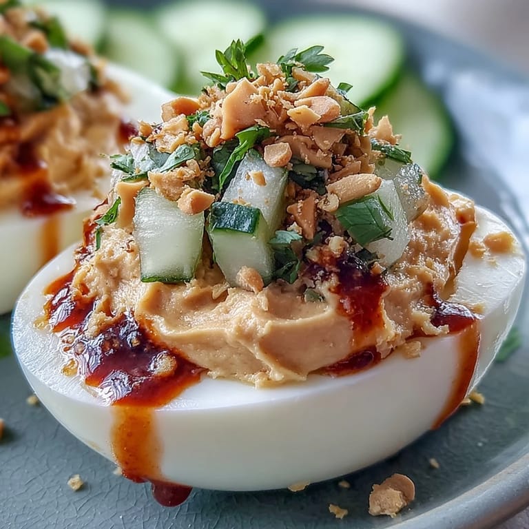Vibrant Thai-inspired deviled eggs with peanut butter filling, garnished with cilantro and a tangy cucumber relish for a bold appetizer.