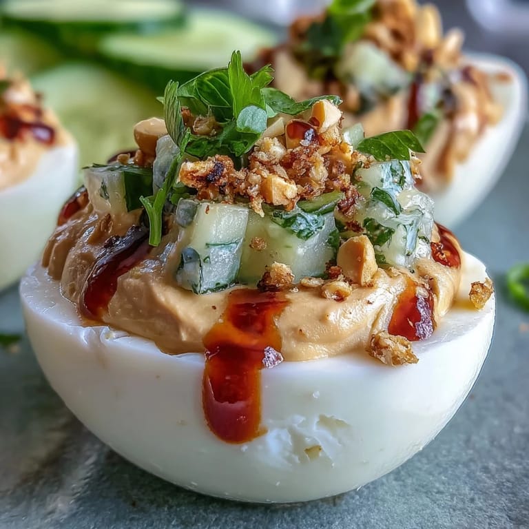 Creamy peanut-spiced deviled eggs served with a crisp cucumber relish, offering a fusion of Thai flavors in every bite.