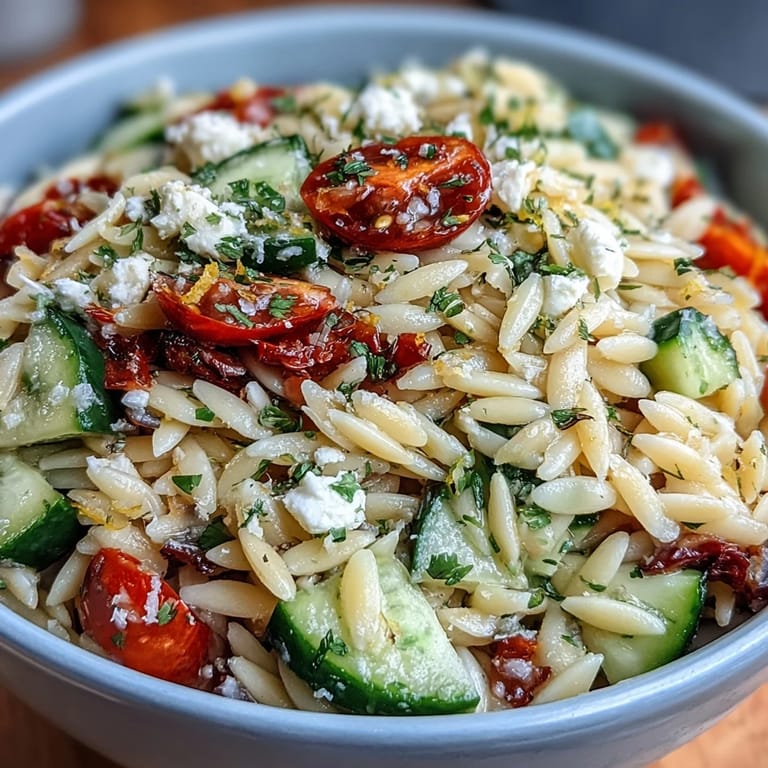 Creamy feta and crisp cucumber tossed with tender orzo in a bright, herb-infused lemon dressing for a refreshing side dish.  