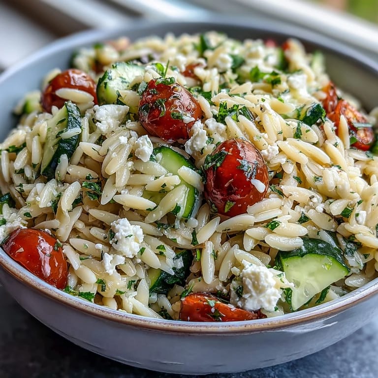 Zesty lemon-dressed orzo salad featuring juicy cherry tomatoes, fresh herbs, and crumbled feta, perfect for summer picnics or light lunches.