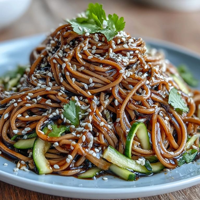Refreshing Japanese-inspired cold soba noodle salad with crisp vegetables and tangy sesame ginger dressing, perfect for summer.  