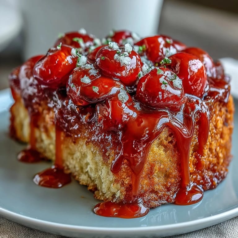 3. Luscious cherry almond upside-down cake, featuring a rich almond base and vibrant cherries in a caramelized topping.