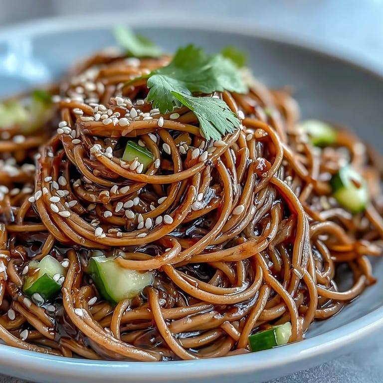 Chilled soba noodles tossed with colorful vegetables and creamy sesame ginger dressing, served with lime wedges for a bright finish.