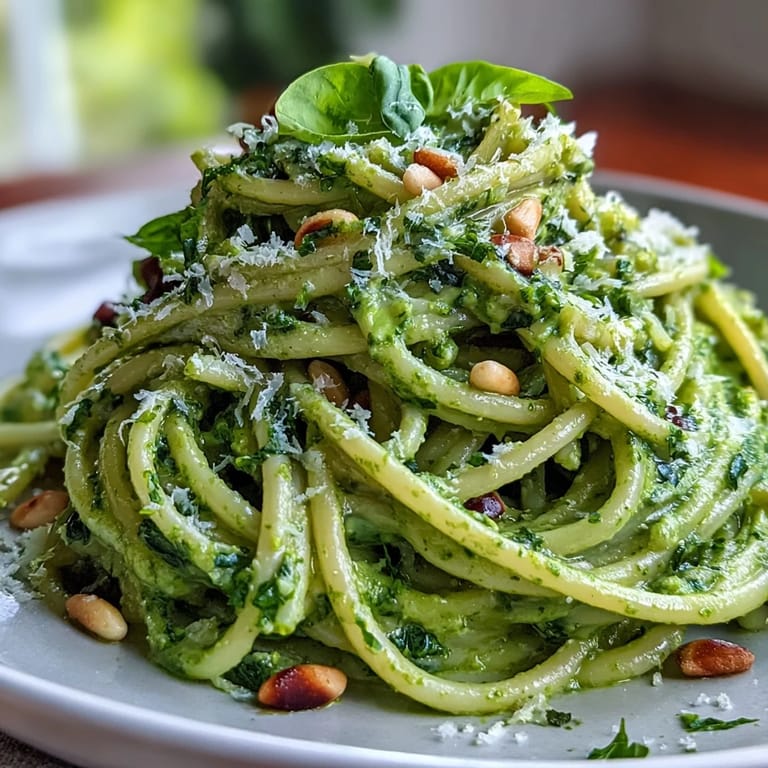 Velvety avocado pesto coats al dente spaghetti, garnished with pine nuts and lemon zest for a vibrant Italian-inspired dinner.  