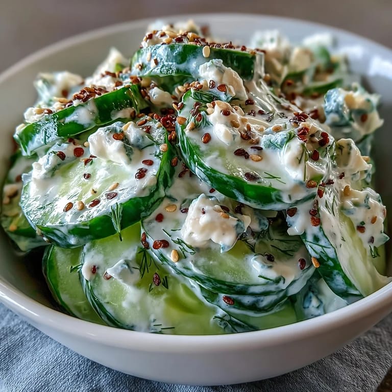 Tangy Viral Cucumber Salad with Cream Cheese dressing, sprinkled with savory seasoning.