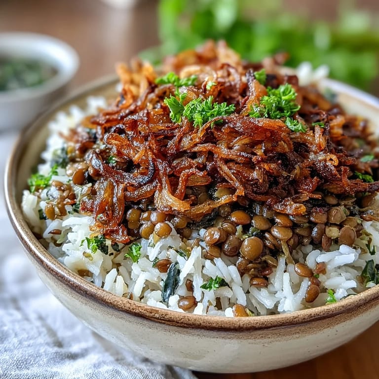 Hearty Levantine Mujadara, a vegetarian comfort dish with tender lentils and crispy fried onions.