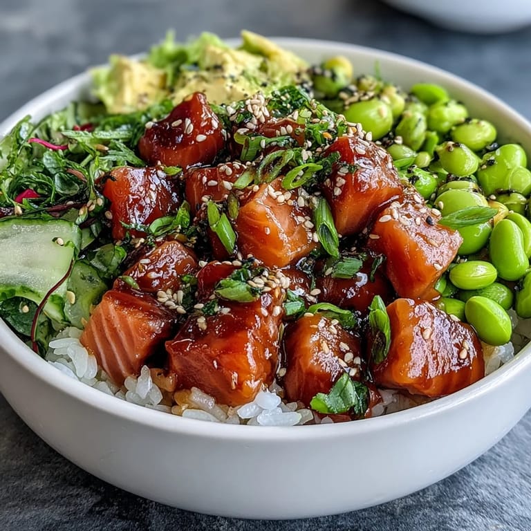 Fresh Hawaiian Salmon Poke Bowl, showcasing colorful veggies over fluffy rice.