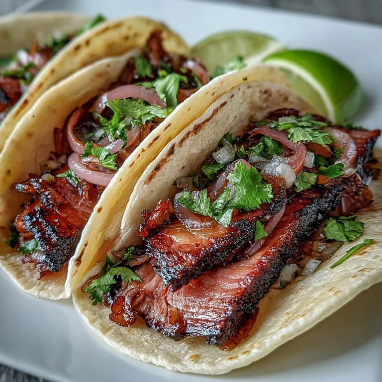Juicy smoked brisket tacos topped with vibrant pickled red onions and lime.