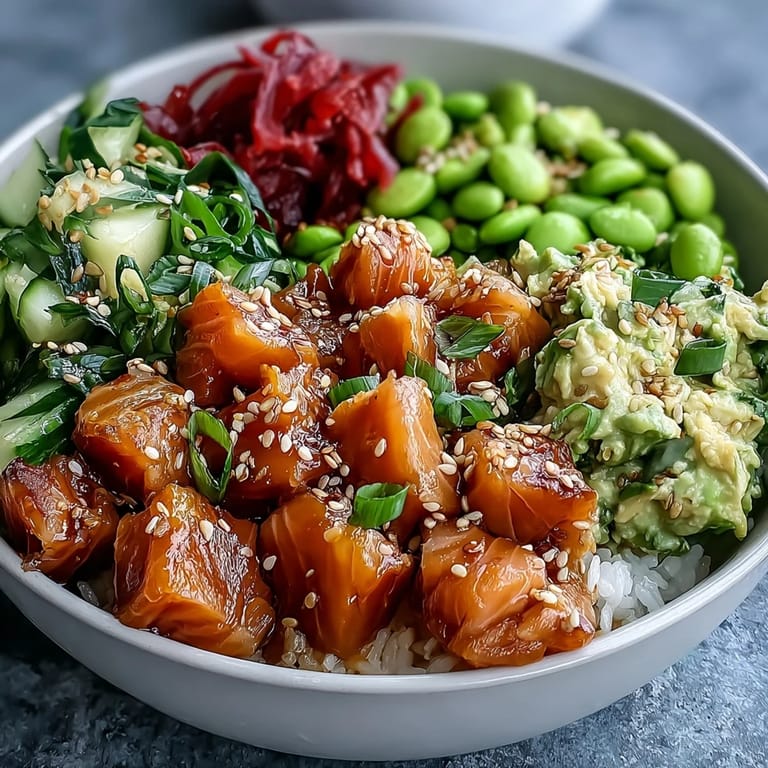 Delectable Salmon Poke Bowl, a healthy and beautiful lunch with fresh produce.