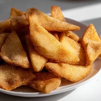 Warm, crispy cinnamon sugar tortilla chips, a sweet and satisfying dessert snack, ready to eat.