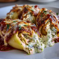 Golden, bubbly mozzarella tops baked Pesto Chicken Stuffed Shells filled with creamy Greek yogurt and shredded chicken.