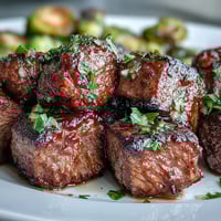 Tender Keto Lemon Garlic Butter Steak Bites piled next to crispy, golden roasted Brussels sprouts on a white plate. 