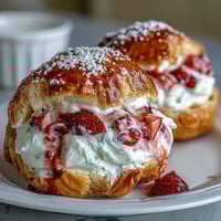 Valentine Strawberry Cream Puffs filled with fresh strawberry whipped cream and dusted with powdered sugar for a romantic dessert.