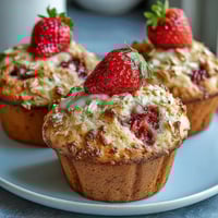 Fresh strawberry muffins with Greek yogurt and oats, golden brown and bursting with juicy fruit, perfect for a healthy breakfast.