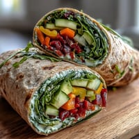 Vibrant rainbow veggie wraps with crisp bell peppers, carrots, and spinach, perfect for a healthy lunch on the go.