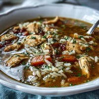 A steaming bowl of Easy Chicken and Rice Soup, brimming with tender chicken, hearty rice, and vibrant vegetables.