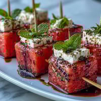 Vibrant watermelon feta mint skewers with juicy fruit, creamy cheese, and fresh mint on wooden picks, drizzled with olive oil.