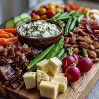 Vibrant spring charcuterie board with radishes, peas, and herb dip, featuring colorful vegetables and savory meats.