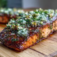 Cedar Plank Salmon with Garlic Dill grilling on aromatic cedar, herbs, and lemon slices, perfect for summer BBQs.  