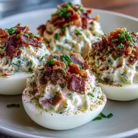 Bacon Ranch Deviled Eggs with crispy bacon and fresh chives, a creamy and savory appetizer perfect for parties and holidays.