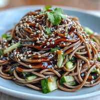Cold soba noodle salad with sesame ginger dressing in a vibrant bowl, garnished with cilantro and sesame seeds.  