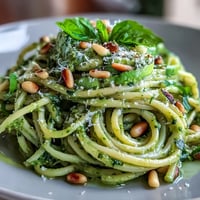 Creamy avocado pesto pasta with fresh basil and Parmesan in a no-cook sauce, perfect for a quick vegetarian meal.  